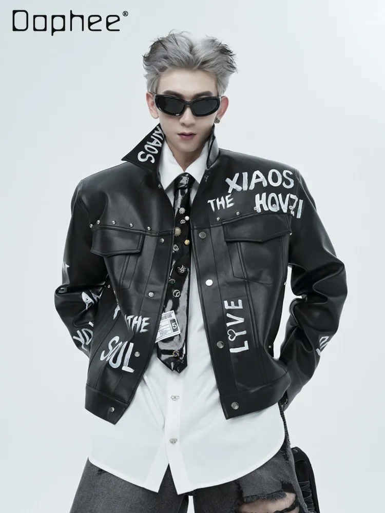 

2026 Spring Autumn Men's Black PU Leather Jacket American Streetwear Letter Graffiti Biker Punk Hip Hop Short Moto Coat