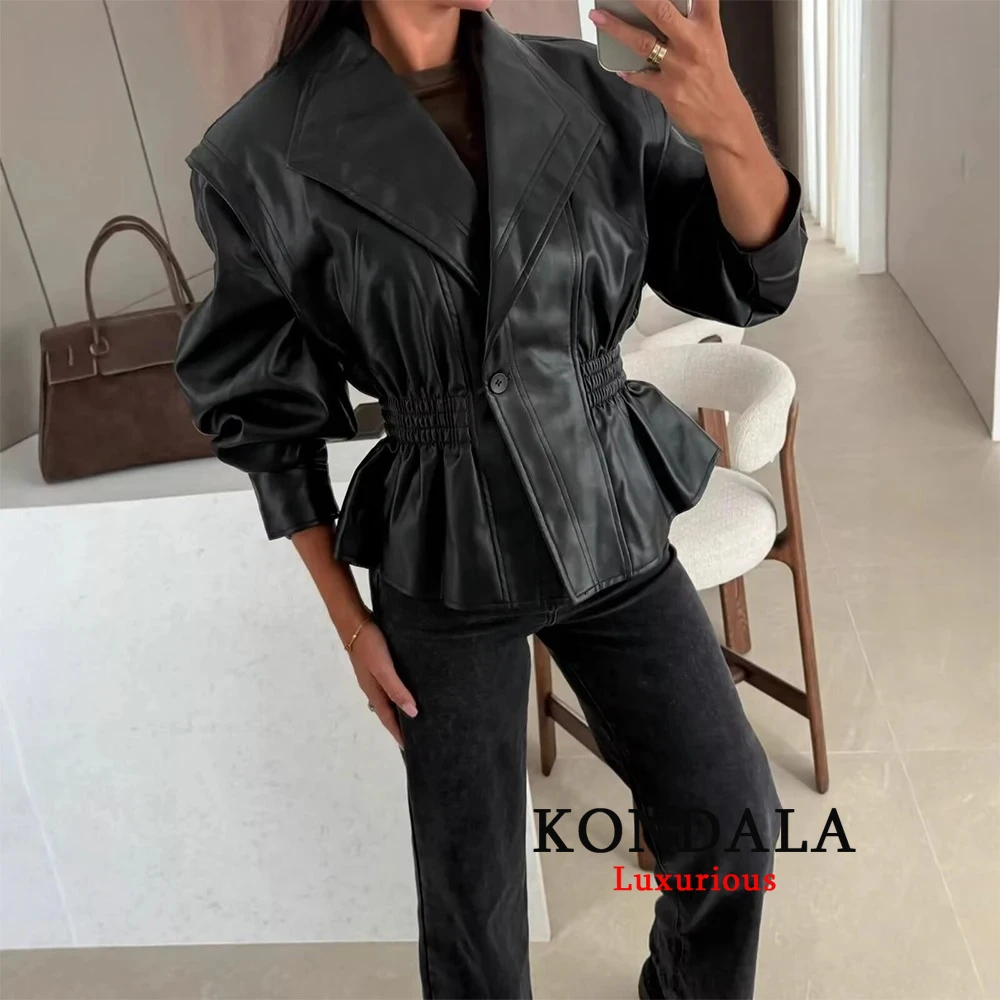 KONDALA Chic Cool 2025 Streetwear Woman Zipper PU Jacket Fashion 2025 Autumn Loose Vintage High Street Mujer Fall Pleated Coat