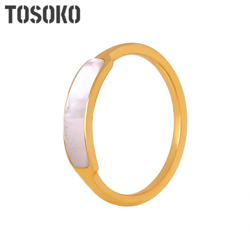 

TOSOKO Stainless Steel Jewelry Plain Ring Inlaid White Sea Shell Women's Fashion Ring BSA605