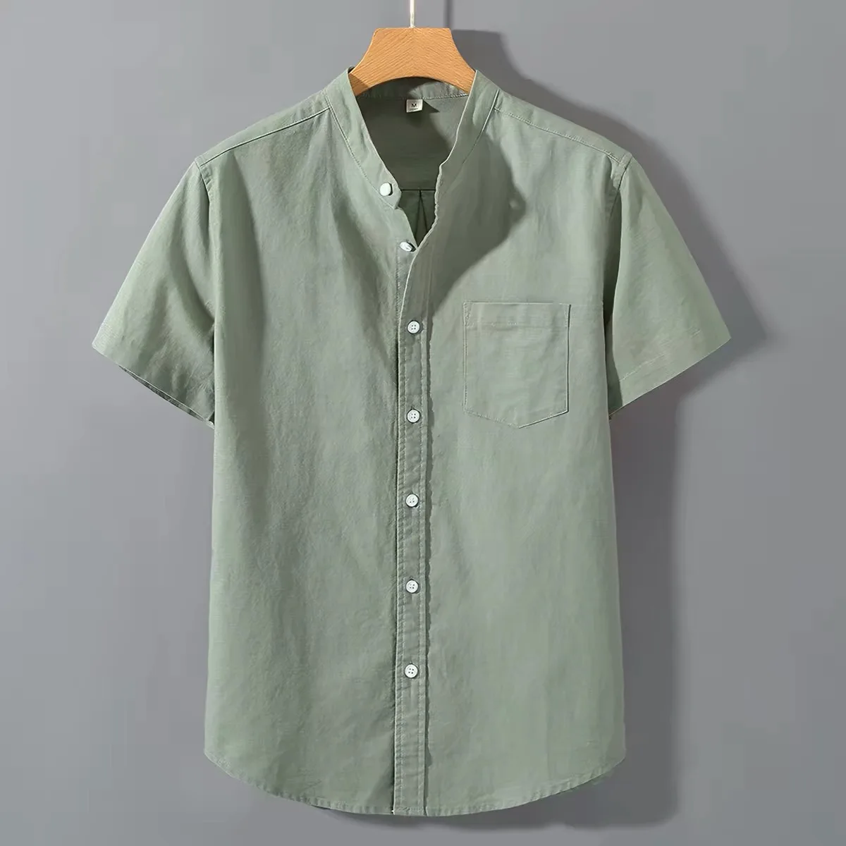 

Summer Casual Linen Cotton Half Sleeve Shirt Men's Stand Collar Loose Fit Breathable Lightweight Vintage Style Youth Fashion