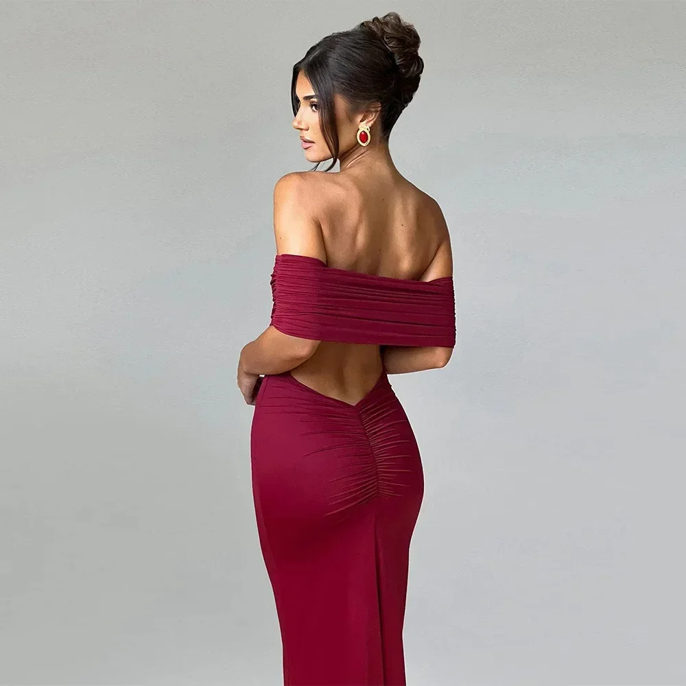 2025 New Strapless Backless Sexy Maxi Dress For Women Black Solid Off-shoulder Sleeveless Bodycon Club Party Long Dress Elegant