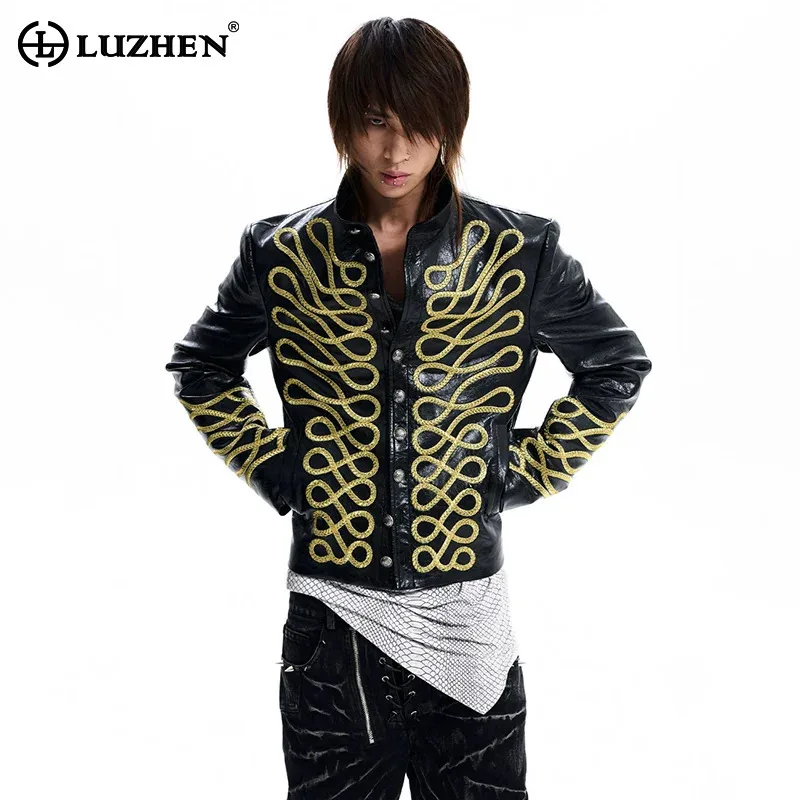 LUZHEN 2026 New Embroidery Weave Pattern Stand Neck Leather Jacket Men's Fashion Handsome Original Casual Male Clothes JY8775