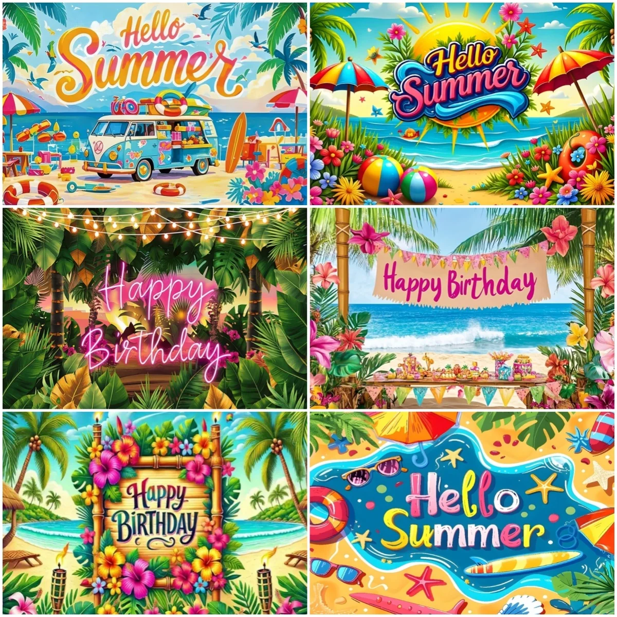 Summer Hawaii Beach Birthday Party Decorations Backdrop Tropical Beach Flamingo Photography Banner Kids Adult Background Props