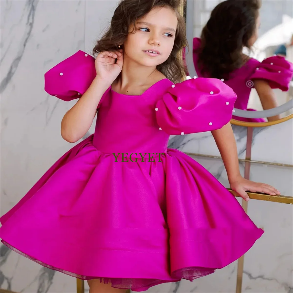 Dark Pink Flower Girl Dress Princess Sleeve Square Neck Pearls Ball Gown Little Party Dresses First Communion