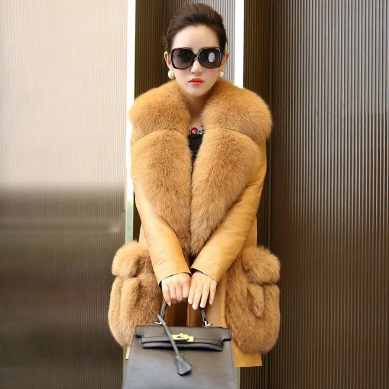 2023 New Women Temperament Leather Coat Mid-Length Female Fashion Patchwork Imitation Fox Fur Collar Warm Large Size Outwear