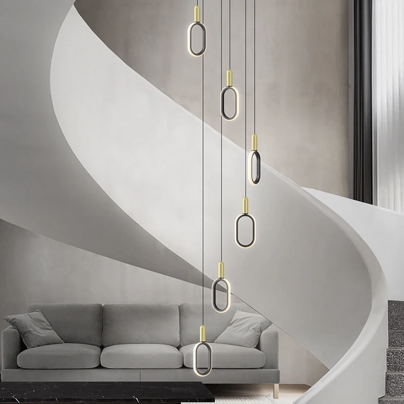 Stair chandelier long chandelier duplex building Villa leaping small loft apartment Nordic simple oval revolving stair lamp