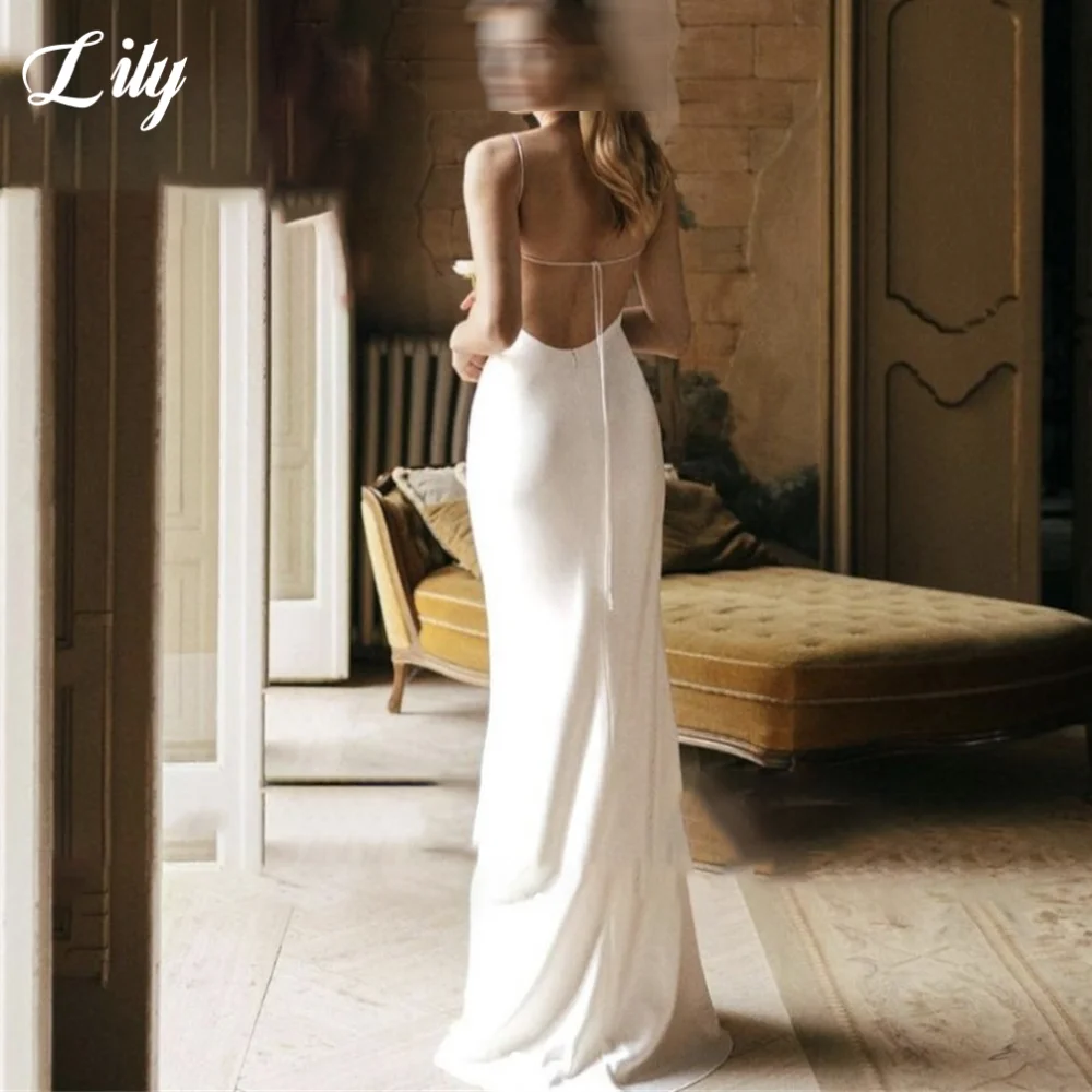 Lily White Scoop Prom Gown Satin Backless Prom Dresses Wedding Party Trailing Evening Dresses for Woman حزب فساتين Customized image 5