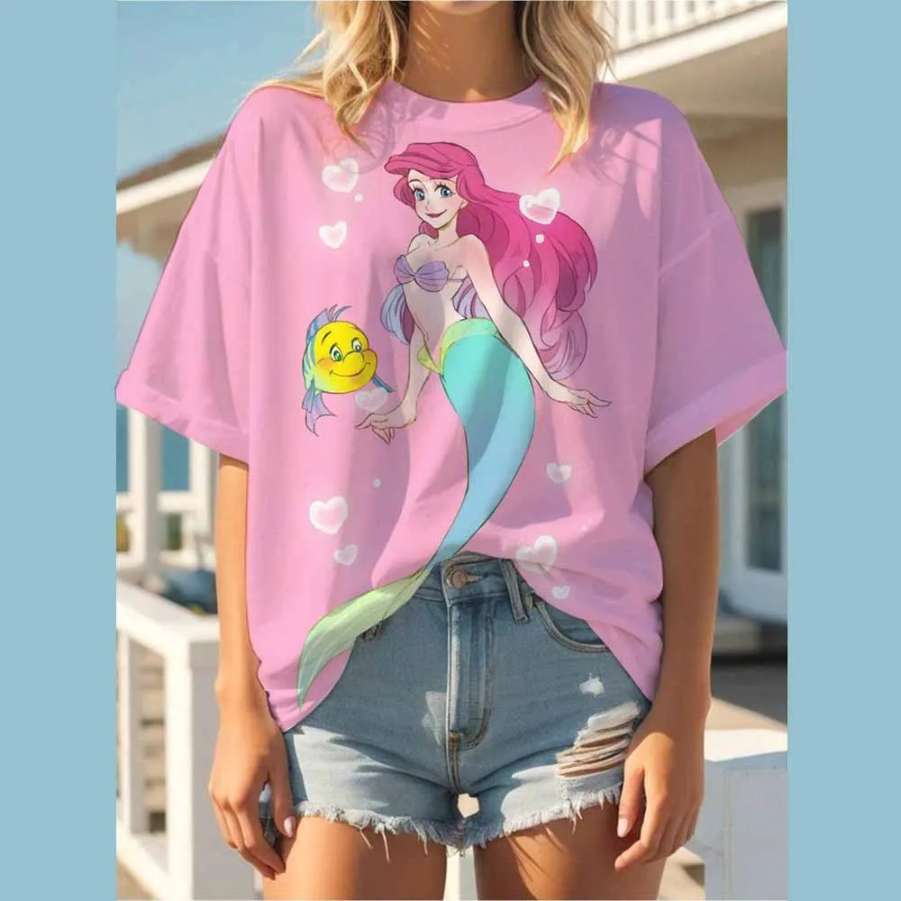 

Cartoon Printed Women T-shirt Disney Princess print Summer Short Sleeve T Shirt Harajuku Casual Round Neck Streetwear Clothing