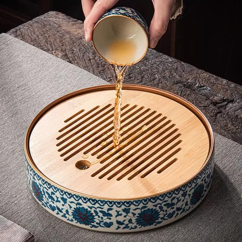 

Handmade Blue and White Ceramic Bamboo Tea Tray for Home Use Ceramic Tea Sets, Traditional Chinese Tea Table