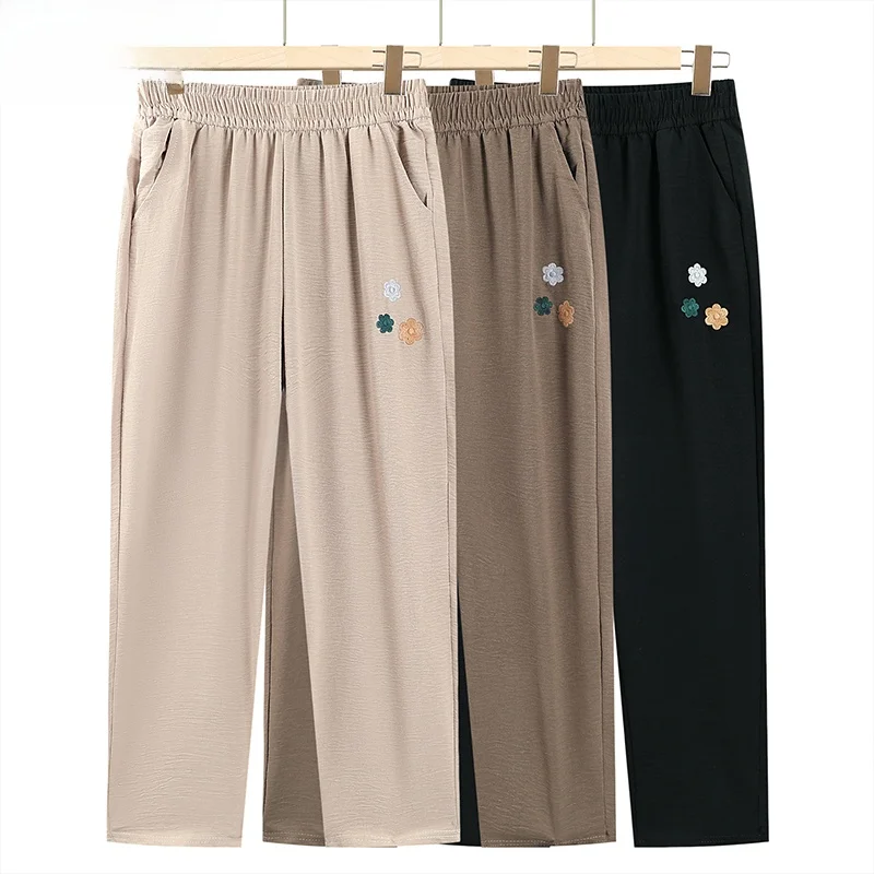 

Летние тонкие прямые шифоновые брюки для мам, модные универсальные женские брюки в корейском стиле, свободного кроя, с вышивкой