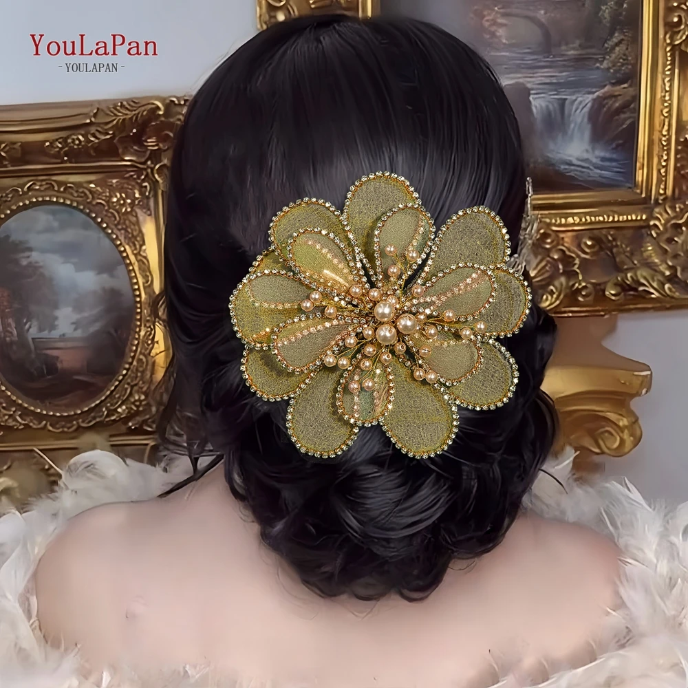 

YouLaPan Pearl Metal Chain Hairpin Beaded Headdress Bride Flower Hair Clip Wedding Women Side Headpieces Colorful Headwear HP888
