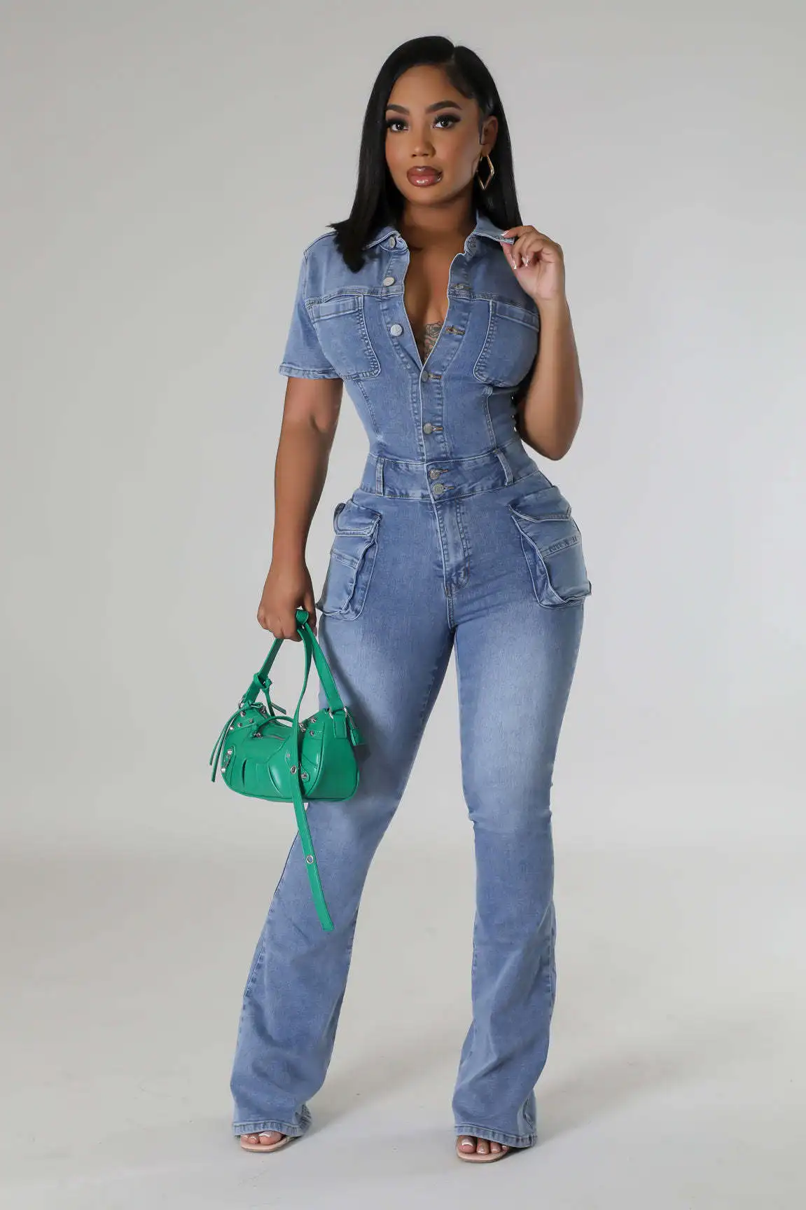 Women Jumpsuit Fashion Pocket Short Sleeve Tight Waist Denim Jumpsuits Lady Slim Fit Stretch Washed Flare Leg Jeans Jumpsuits