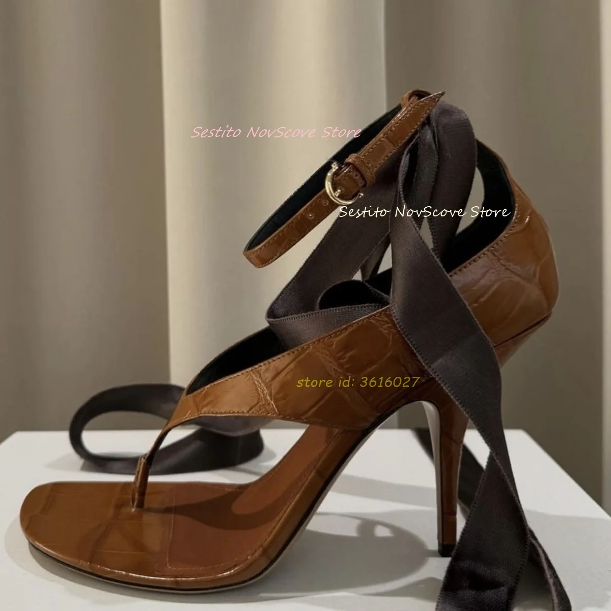 Braune offene Zehen-Schnürsandalen, Flip-Flops, Knöchelriemen, Schnalle, Stiletto-Abdeckung, Ferse, Knöchel, Kreuzriemen, sexy Damen-Sommer-Party-Schuh