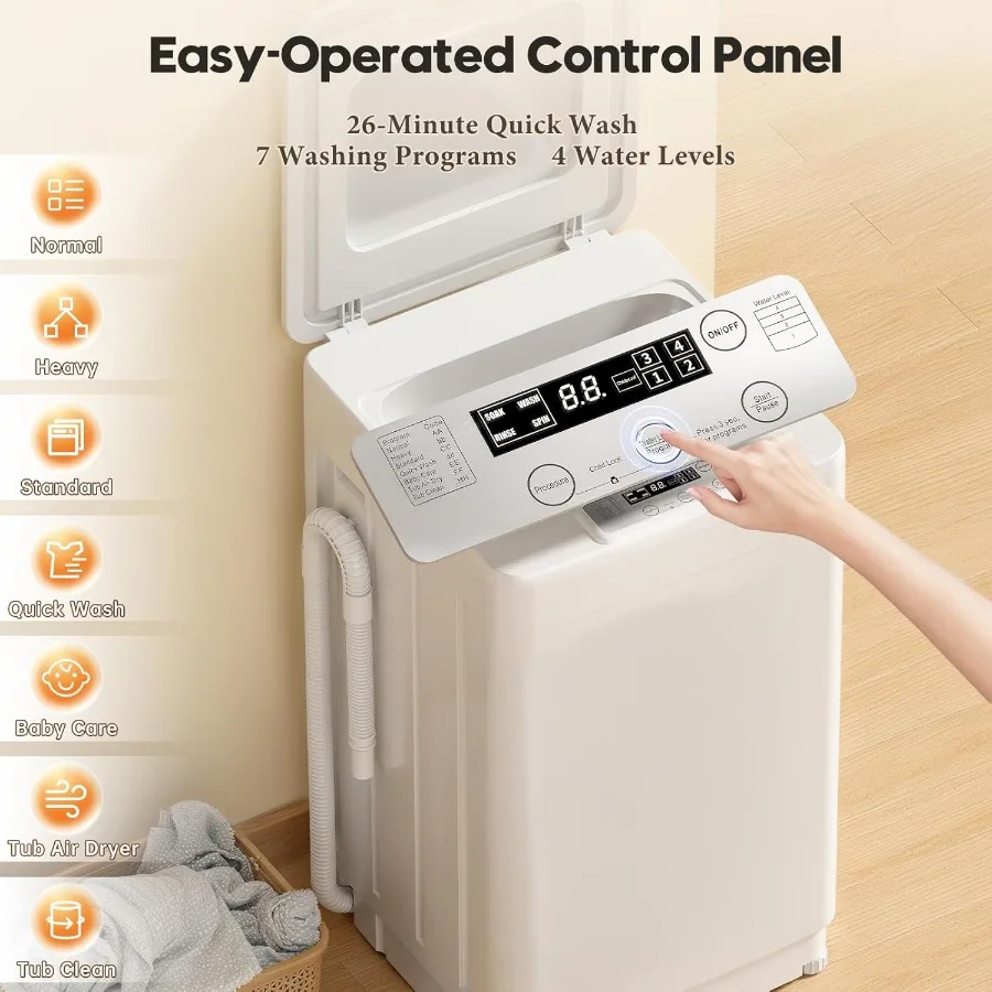 غسالة محمولة بوزن 18 رطلاً، غسالة تحميل علوي أوتوماتيكية بالكامل مع شاشة LED، 7 دورات غسيل، 4 مستويات مياه مثالية للشقة
