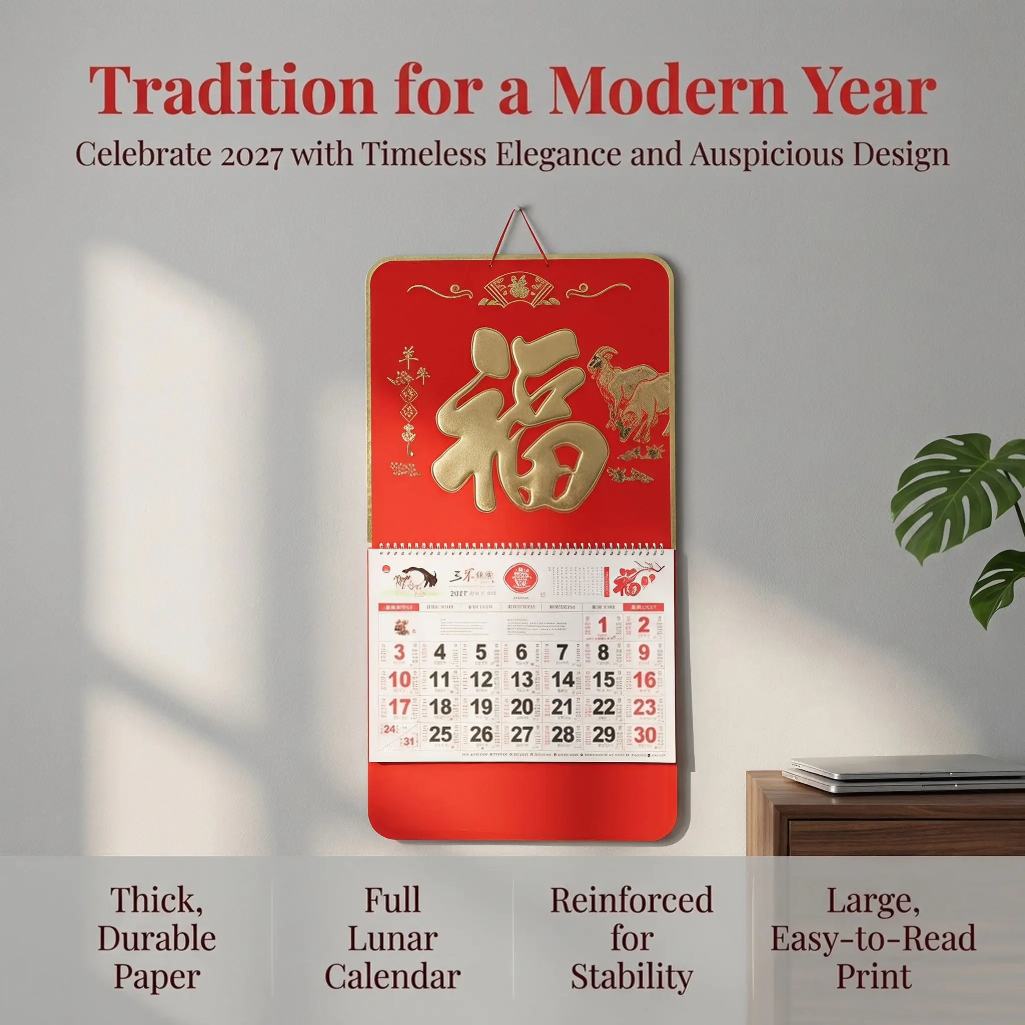 2027 Year of Goat Calendar Chinese Traditional Lunar Hanging Calendar Thick Paper Large Grid Monthly Planner Lunar Solar Term