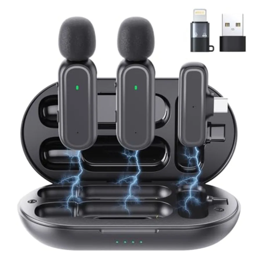 

Комплект из 2 беспроводных петличных микрофонов для iPhone iPad Android ПК с зарядным чехлом, шумоподавлением, петличный микрофон для видео R