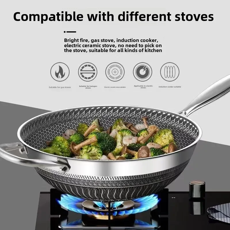 Thickened 316 stainless steel wok Household non-coated honeycomb non-stick cooker induction cooker gas stove universal cooker