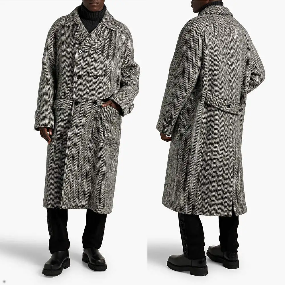 Customized Men Long Overcoat Gray Herringbone Wool Blend Fashion Vintage Coat Regular Fit Jacket One Piece