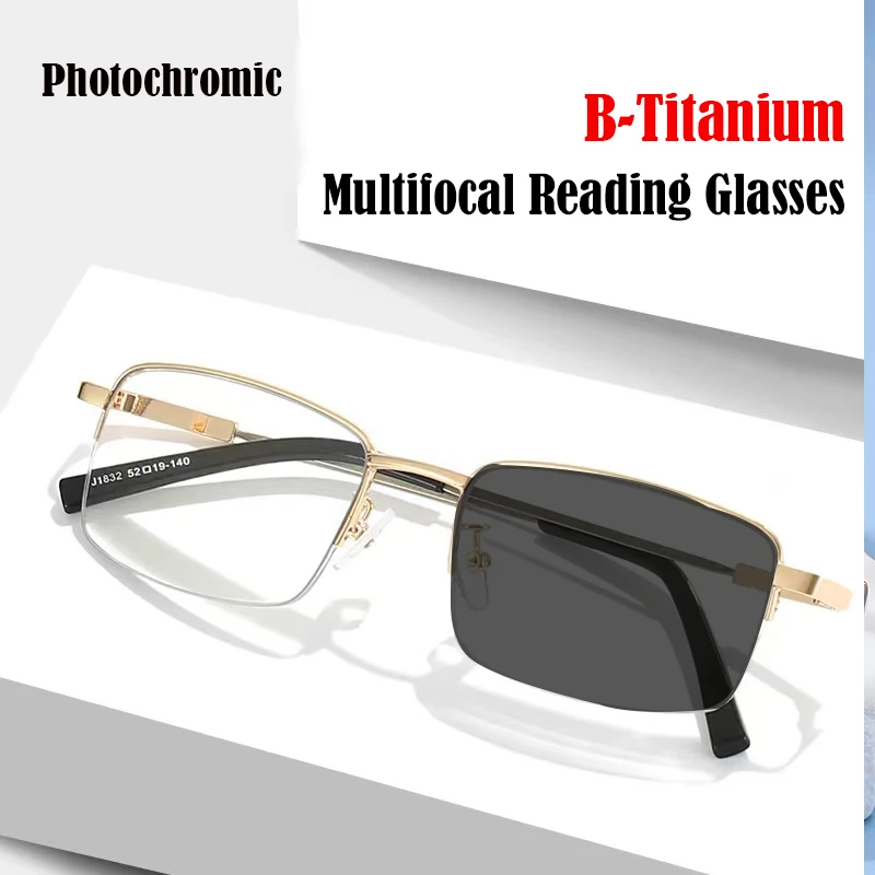 

Титановые фотохромные прогрессивные очки двойного назначения для чтения, мультифокальные очки с защитой от синего луча, металлическая полуоправа 1,0-3,5