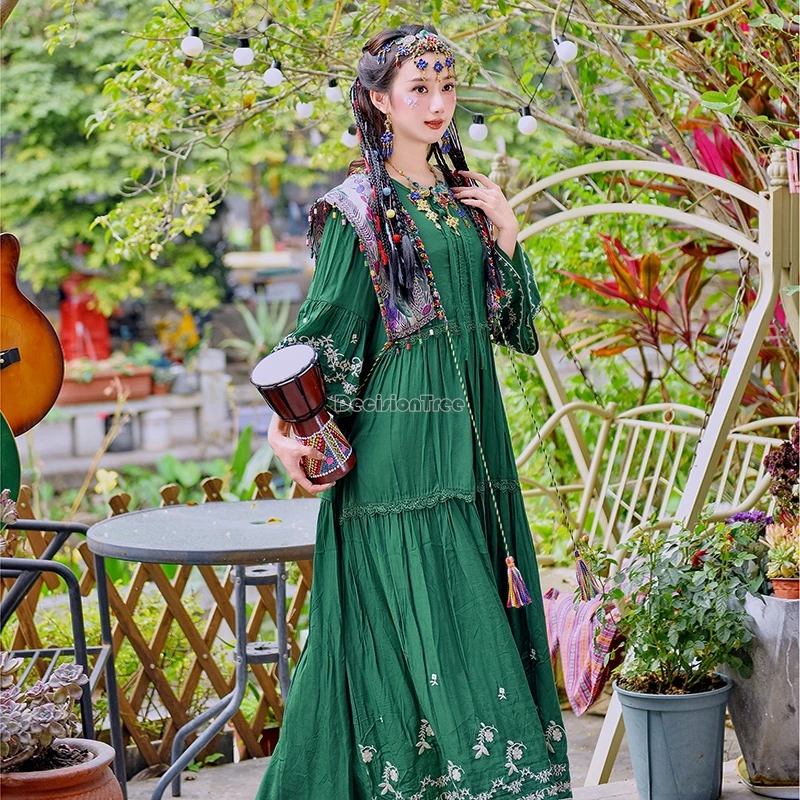 2024 tourist dress chinese national exotic style photography costume half sleeve ethnic style long loose casual women dress t001