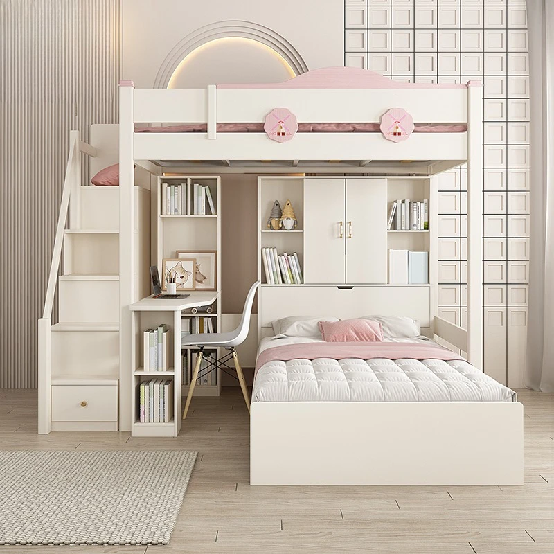 Functional children's bed combination bed, double-layer bunk bed, two-tier bunk bed, small apartment with staggered wardrobe and