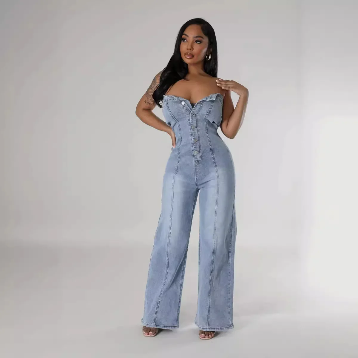 

Denim Jumpsuits for Women Streetwear Straight Wide Leg Pants Sleeveless Backless Washed Strapless One Piece Jeans Trousers 2025