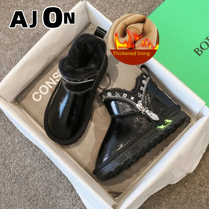 

Зимние сапоги для девочек, новые зимние теплые детские хлопковые туфли с подкладкой для мальчиков, черные кожаные нескользящие большие хлопковые сапоги для девочек