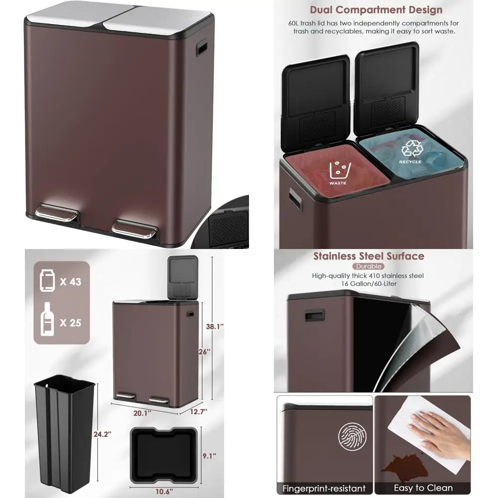 

Hands-Free 16-Gallon Dual Trash Can with Built-In Odor Control and Soft-Close Lid for Kitchen and Recycling Waste Management