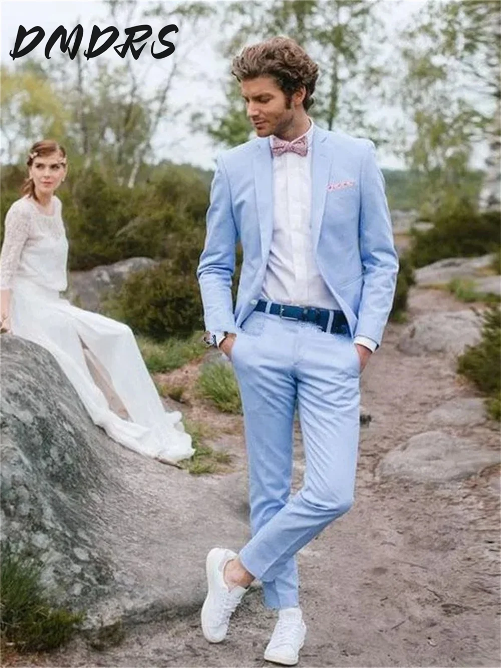 Traje de fiesta azul cielo a la moda, 2 uds., traje Formal con botones sólidos para padrinos de boda, incluye chaqueta, pantalones, traje personalizado