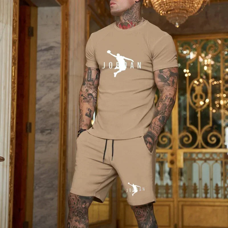 Sports suit for European and American men, summer sports and leisure, comfortable solid color T-shirt, short sleeved shorts, two