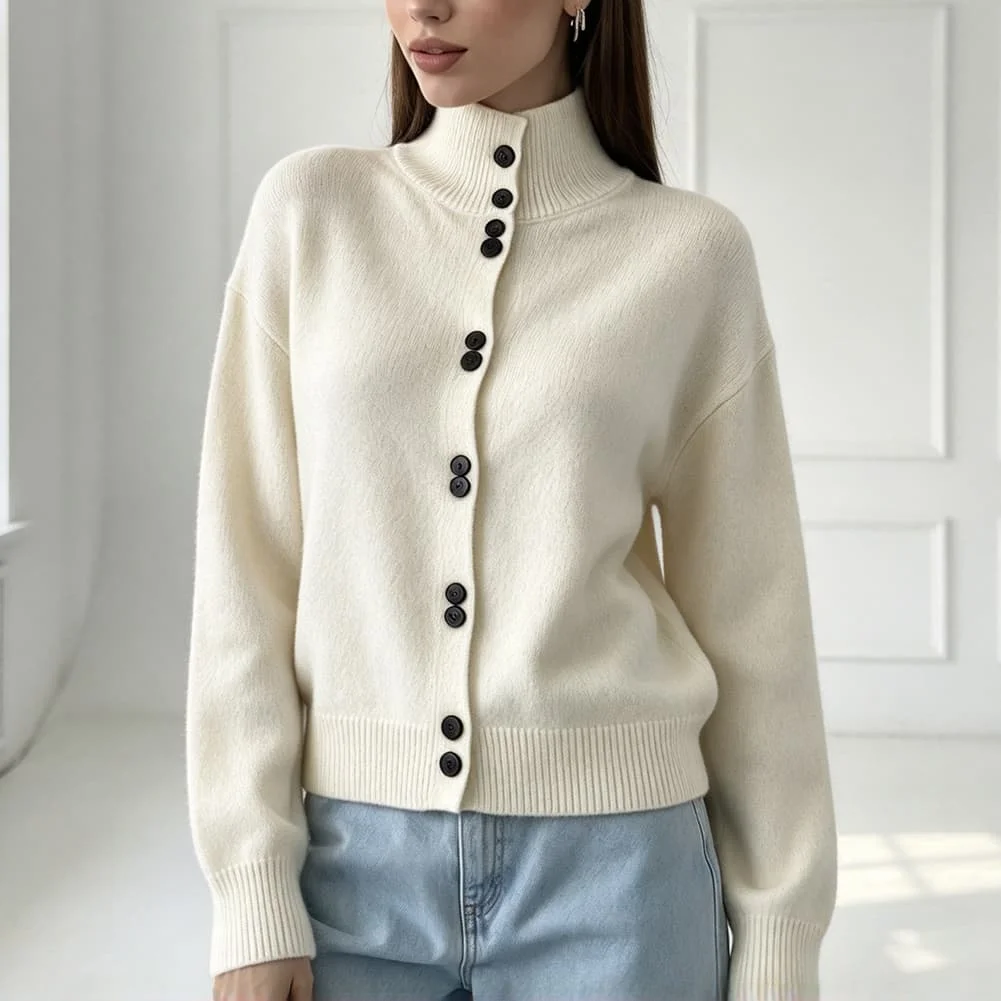 Women's Solid Color Knitted Sweater with Loose Silhouette Half-Turtleneck and Button-Down Front for Warm Season Casual Wear