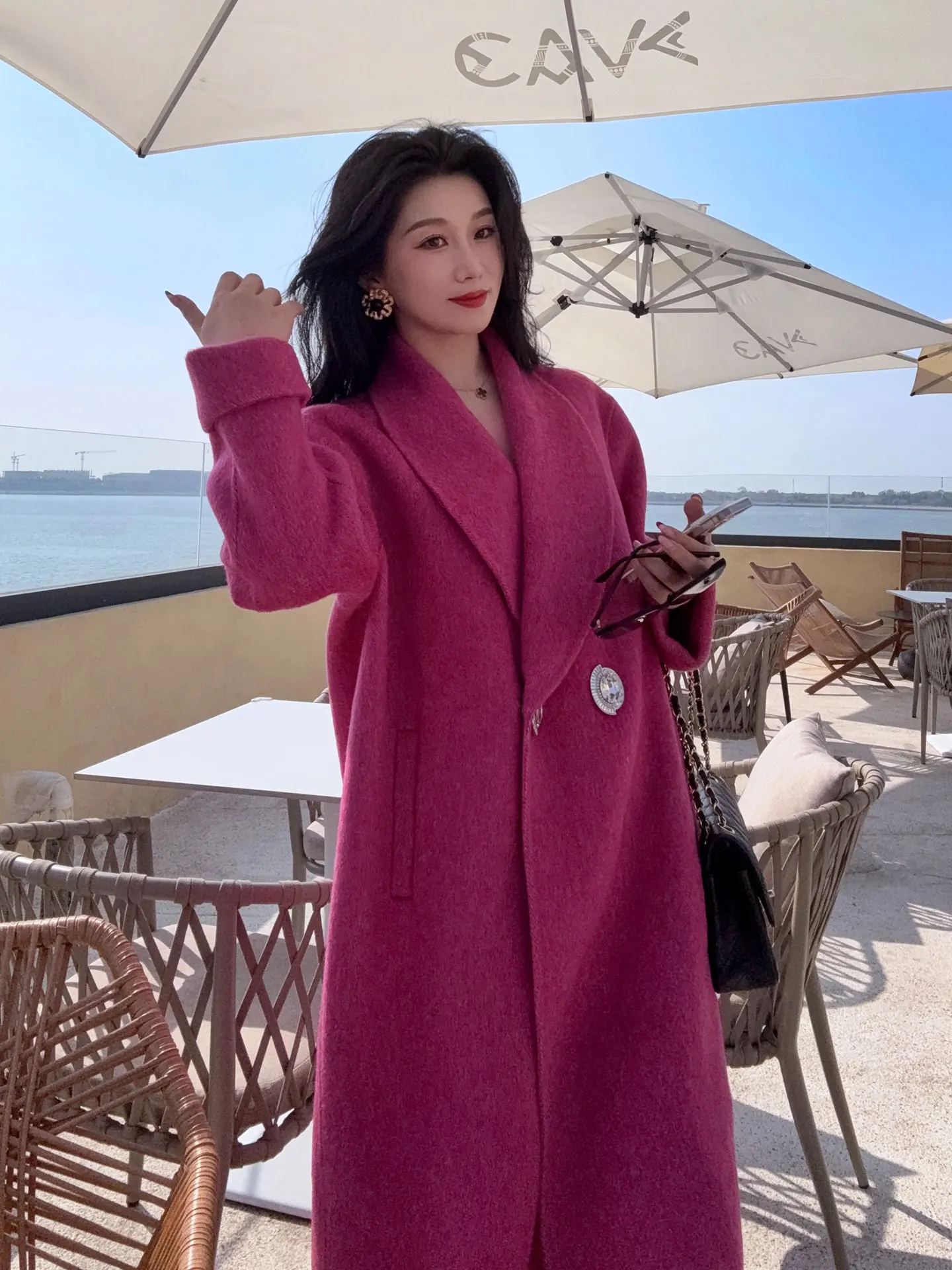 

Женское шерстяное пальто YANGXIAOJING с принтом драконьего фрукта, свободный крой, длинный рукав, элегантный дизайн, однотонное, для повседневной носки