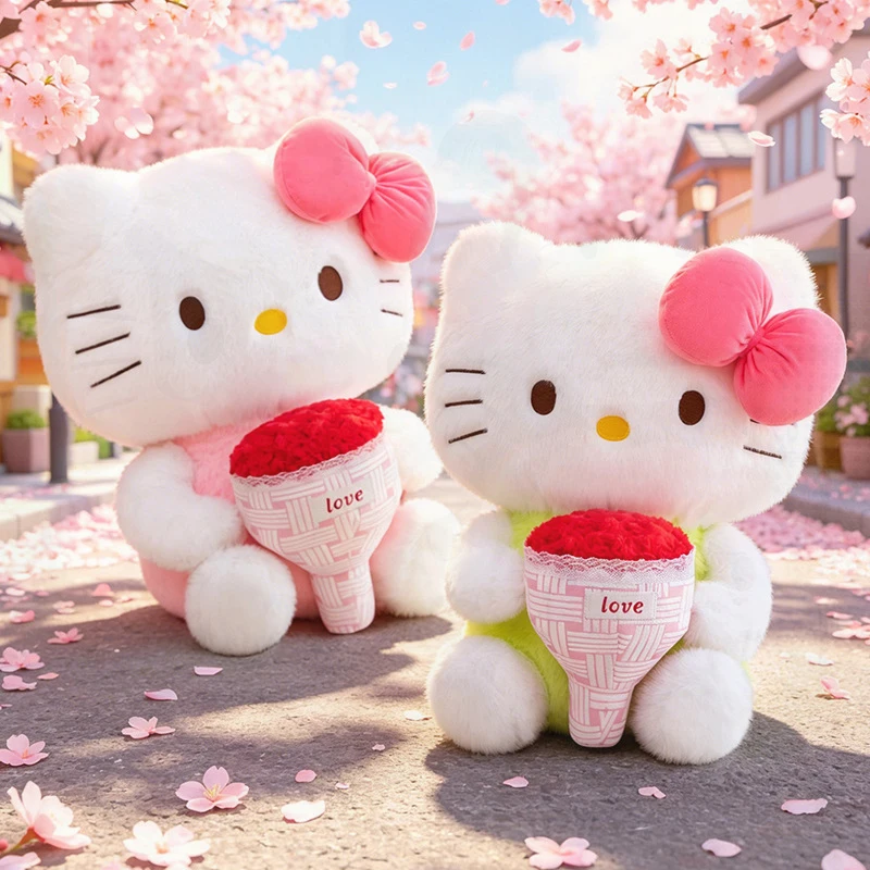 

Sanrio Adorable Flower-Holding KT Cat Plush Toy Hello Kitty Throwing Pillow Bow Doll for Kids Birthday Gifts Holiday Present