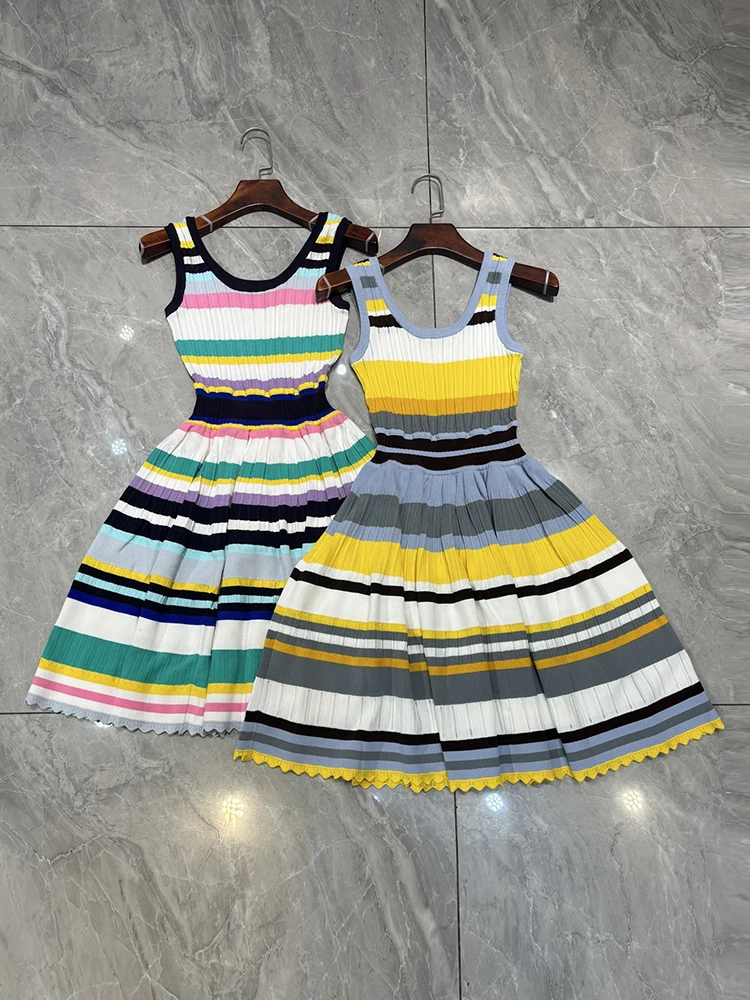 Summer Fashion Party Striped Knitting Elegant A-Line Mini Dress Women's O-Neck Sleeveless High Waist Slim Flounces Hem Dress