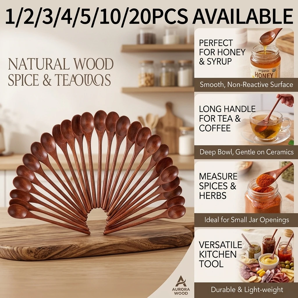 1/2/3/4/5/10/20PCS Wooden Tea Spoon Long Coffee Spoons Small Teaspoon Set Wood Honey Dessert Spoon Coffee Drink Stirrer