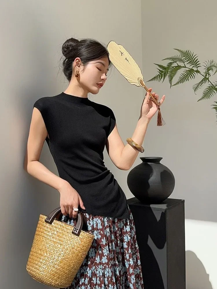 Summer French O Neck Small Fly Sleeve Basic Shirt Simple Temperament Backless Single Breasted Clothes Side Drawstring Split Tops