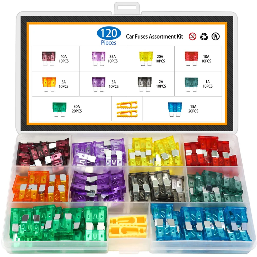 120 Pcs Standard Fuse, Fuses Assortment kit(1A/2A/3A/5A/10A/15A/20A/25A/30A/35A/40AMP) Blade Fuse for RV, Truck, Marine