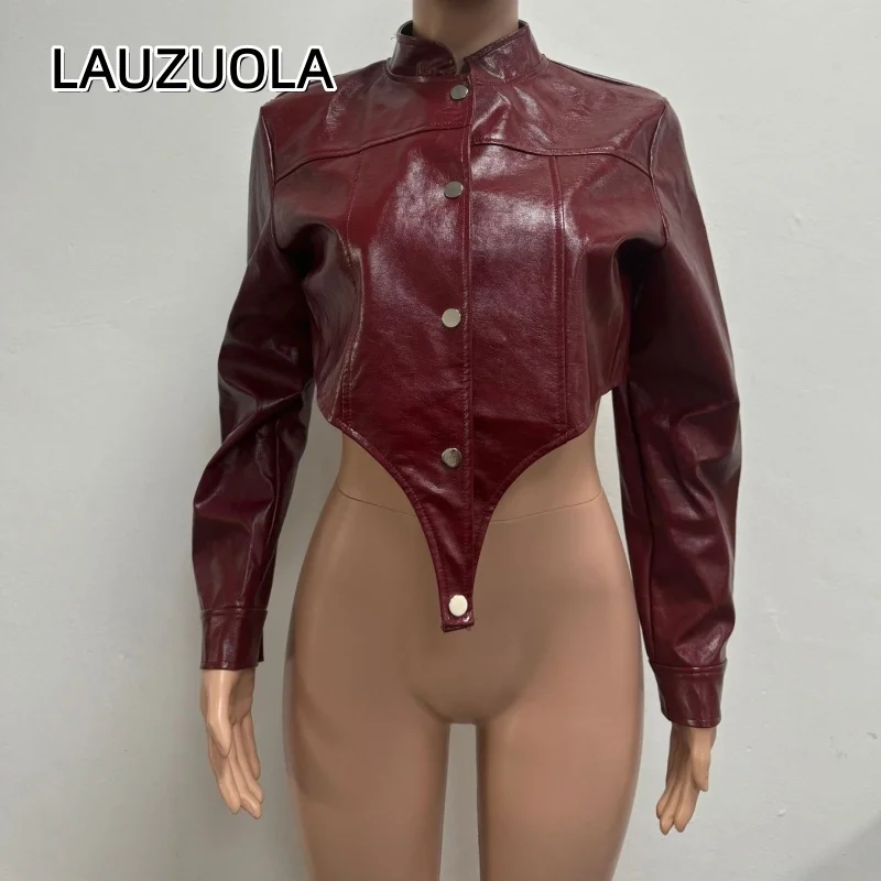 Sexy PU Leather Black Burgundy Cropped Jacket 2026 New Fashion Elegant Women Long Sleeve Irregular Short Jackets And Coats