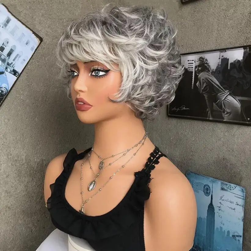 New Ladies Women's Wig Short Silver Grey Mix Natural Hair Layered Curly Wig