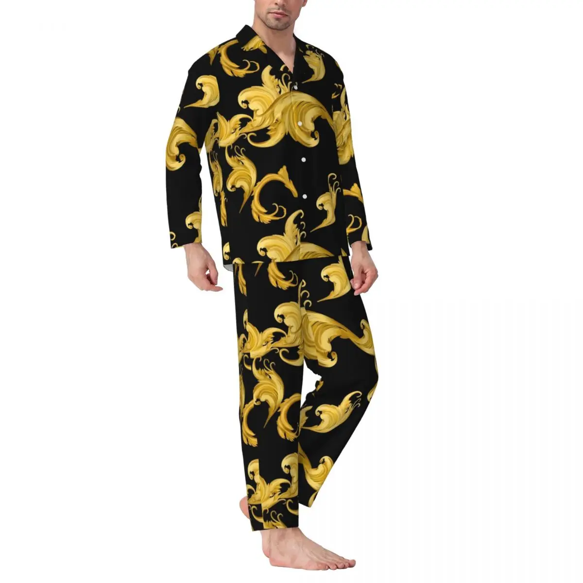 Pyjama en cuir chevelu baroque pour homme, ensemble de pyjama imprimé floral doré, vêtements de nuit confortables pour la maison, décontracté, automne, 2 pièces