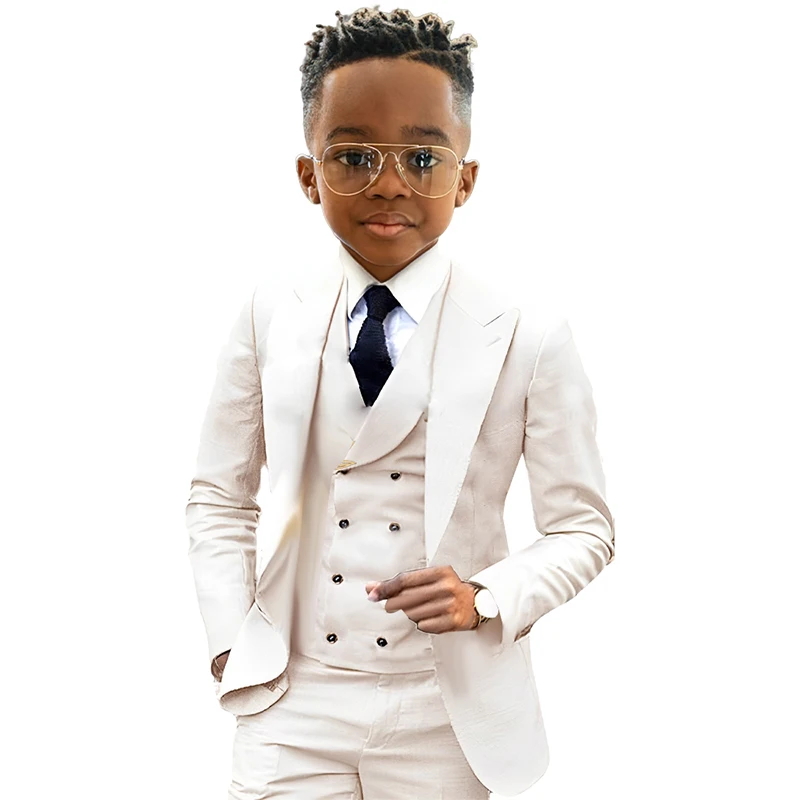 Sophisticated Ivory Three-Piece Boys Formal Suit Set Long Sleeves and Notch Lapel Suit Set Wedding Ring Bearer Suit Set