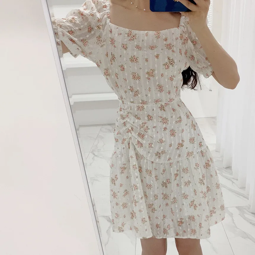 Floral Print Puff Sve Dr A-Line  Skirt Slimming Gathered Waist Summer Commute Sle ort Sve Square Ne Polyes...