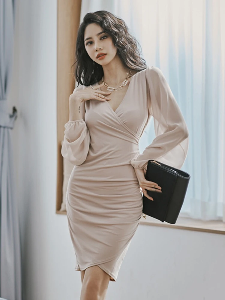 Neue Ankunft Bequeme V-ausschnitt Perspektive Ärmeln Formale Kleid Temperament V-ausschnitt Arbeit Stil Mode Niedlichen Mini Bleistift Kleid