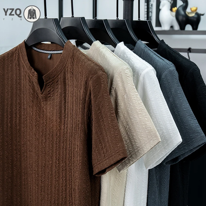 Slim fit male vertical stripe short sleeve top small notch v neck breathable bubble fabric gathering training versatile outfit