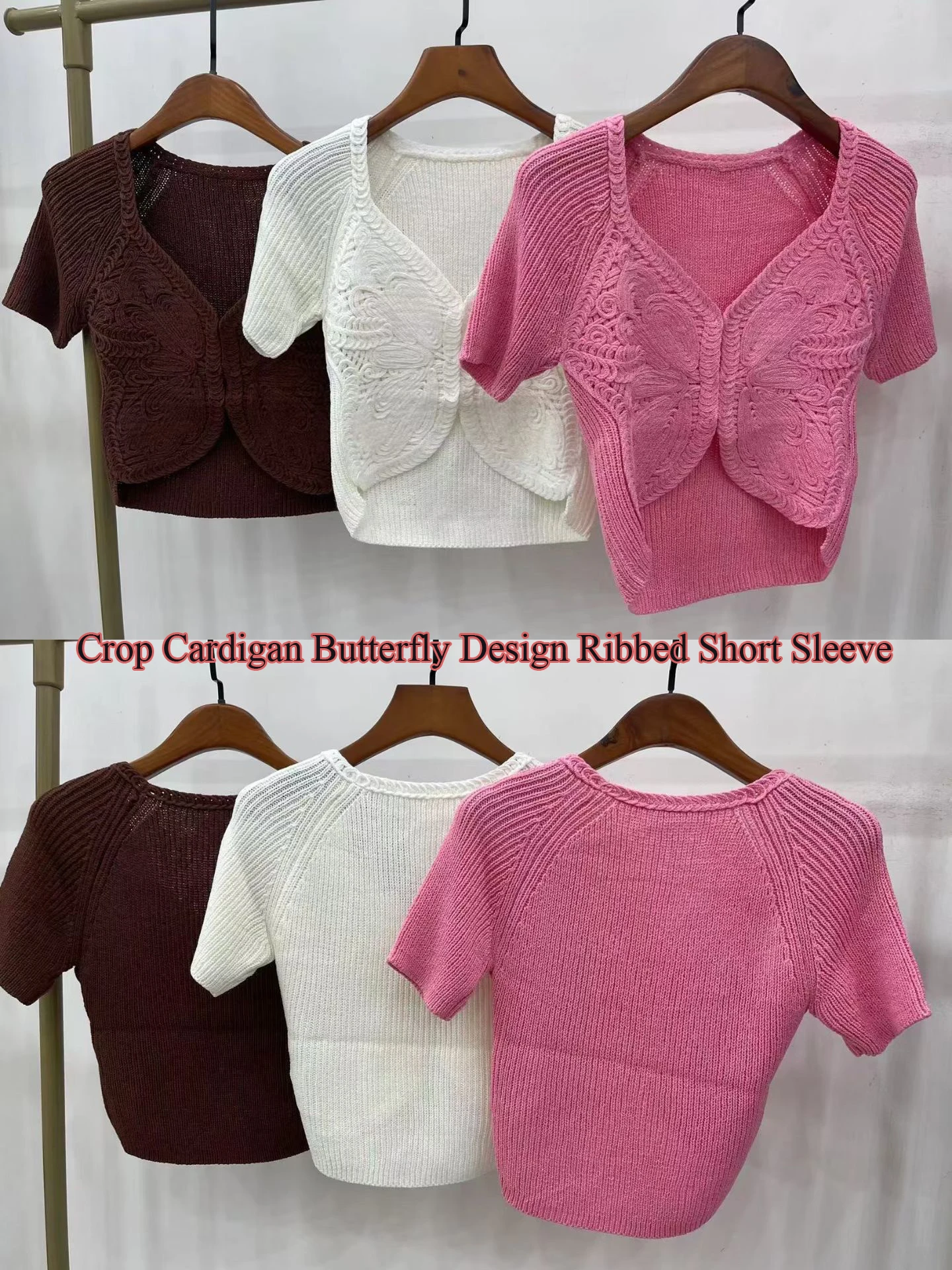 Handmade Crop Cardigan Butterfly Design Ribbed Short Sleeve V neckline Pink Viscose Blend Slim fit Tops Camisole Tank Top C-128