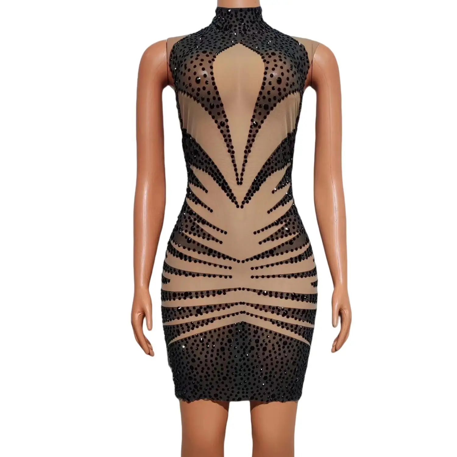 

Sparkly Rhinestone Nude Mesh See Through Sleeveless Short Dress for Women Sexy Celebrate Nightclub Evening Birthday Party Dress