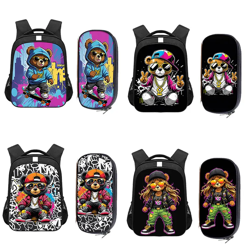 

2pcs Set Cute Graffiti Female Bear Doll Print Backpack Boys Girls School Bags Student Bookbag Pencil Box School Supplies Gift