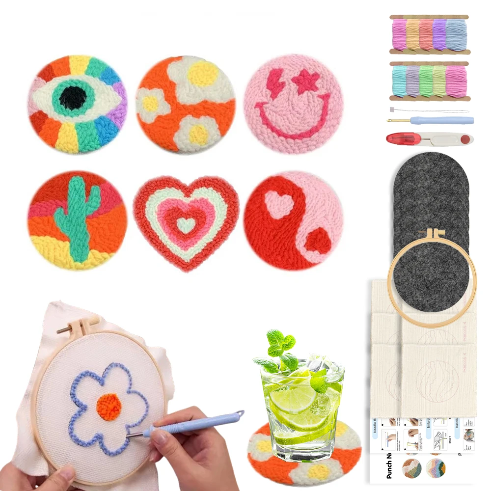 

6PC Landscape Punch Needle Coasters Kit for Adults Beginners Punch Needle Supplies for Crafters Round Cup Mat Drink Coasters