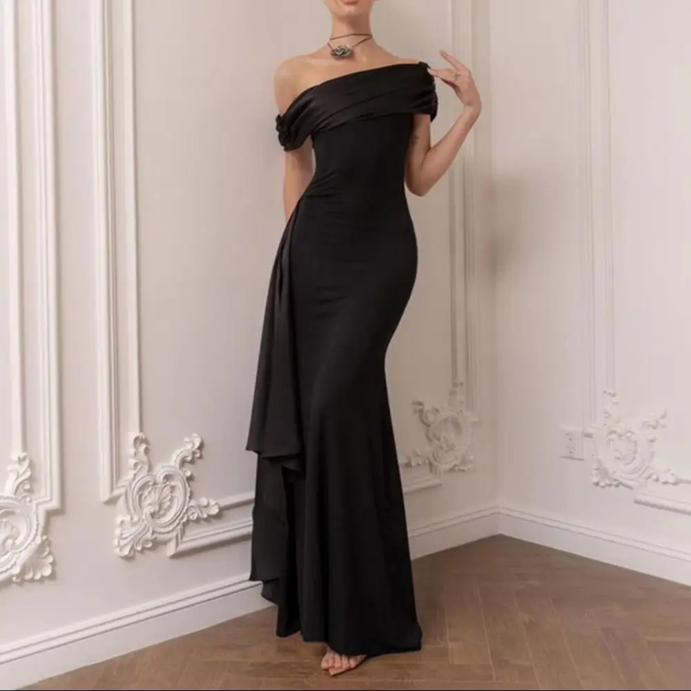 

Вечернее платье с асимметричным вырезом, открытыми плечами, плиссировкой, декоративной шнуровкой и поясом, асимметричного кроя, облегающее, для вечеринок, макси-платье, летнее платье