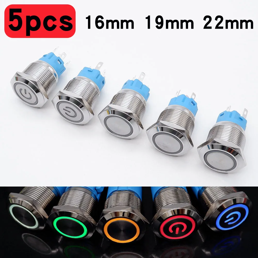 

5pcs 16mm 19mm 22mm Metal Push Button Switch Car Engine Start Stop Backlit LED Waterproof 3V 6V 12V 24V 110V 220V Red Blue Green